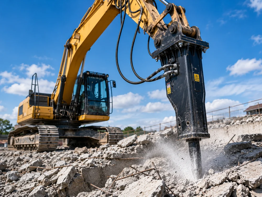 Excavator hydraulic breaker used for concrete demolition