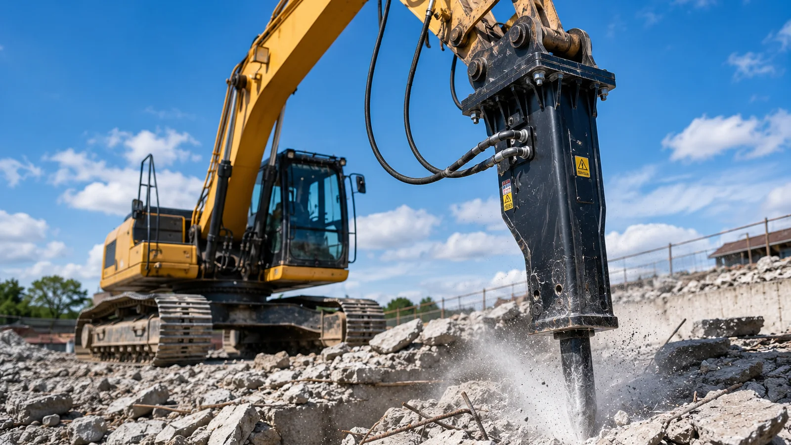 Excavator-mounted hydraulic breaker breaking reinforced concrete