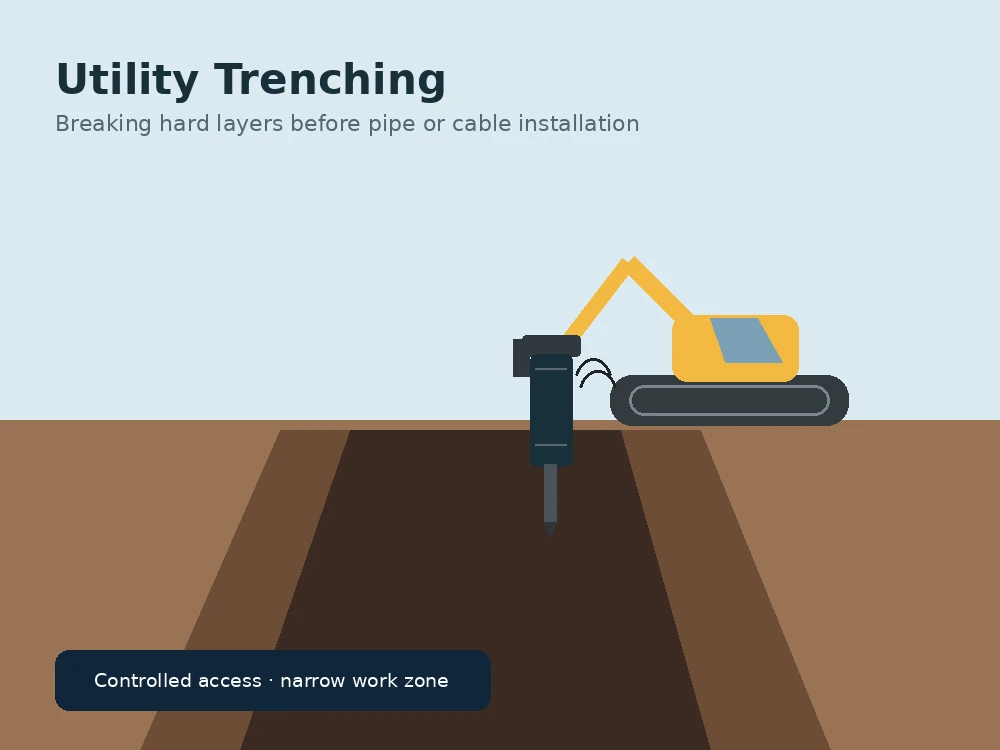 Illustration of a hydraulic breaker used during utility trenching